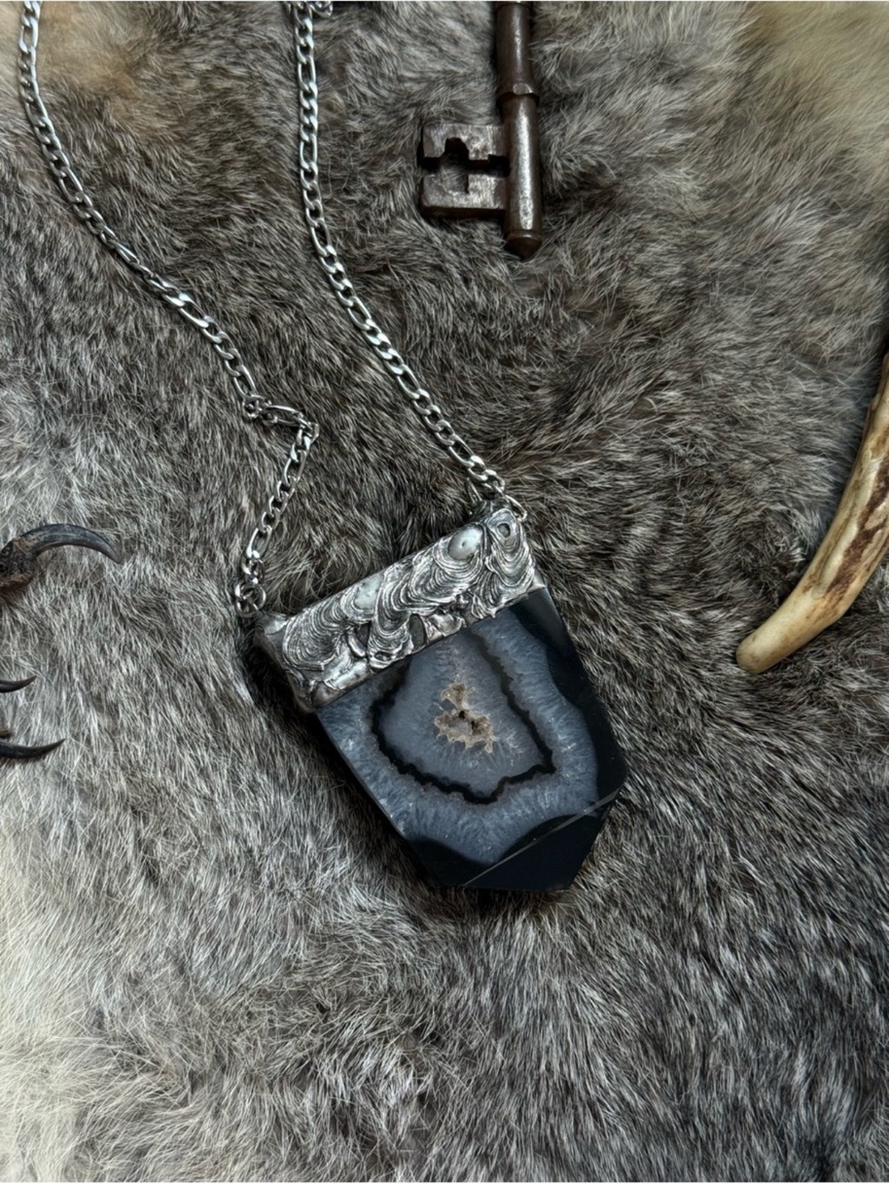 Black agate crystal Pendant Necklace - Black and Silver southern gothic necklace